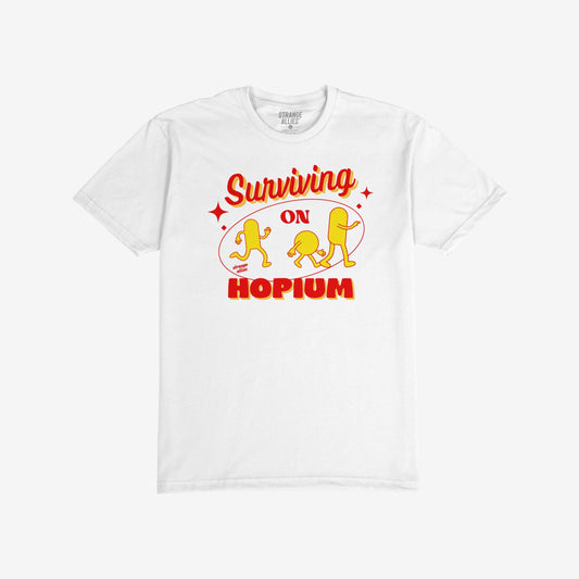 Hopium T-shirt with vibrant graphic of three yellow figures under Surviving and HOPIUM text, embodying resilience and optimism. Ideal for dreamers and optimists, available in various sizes.
