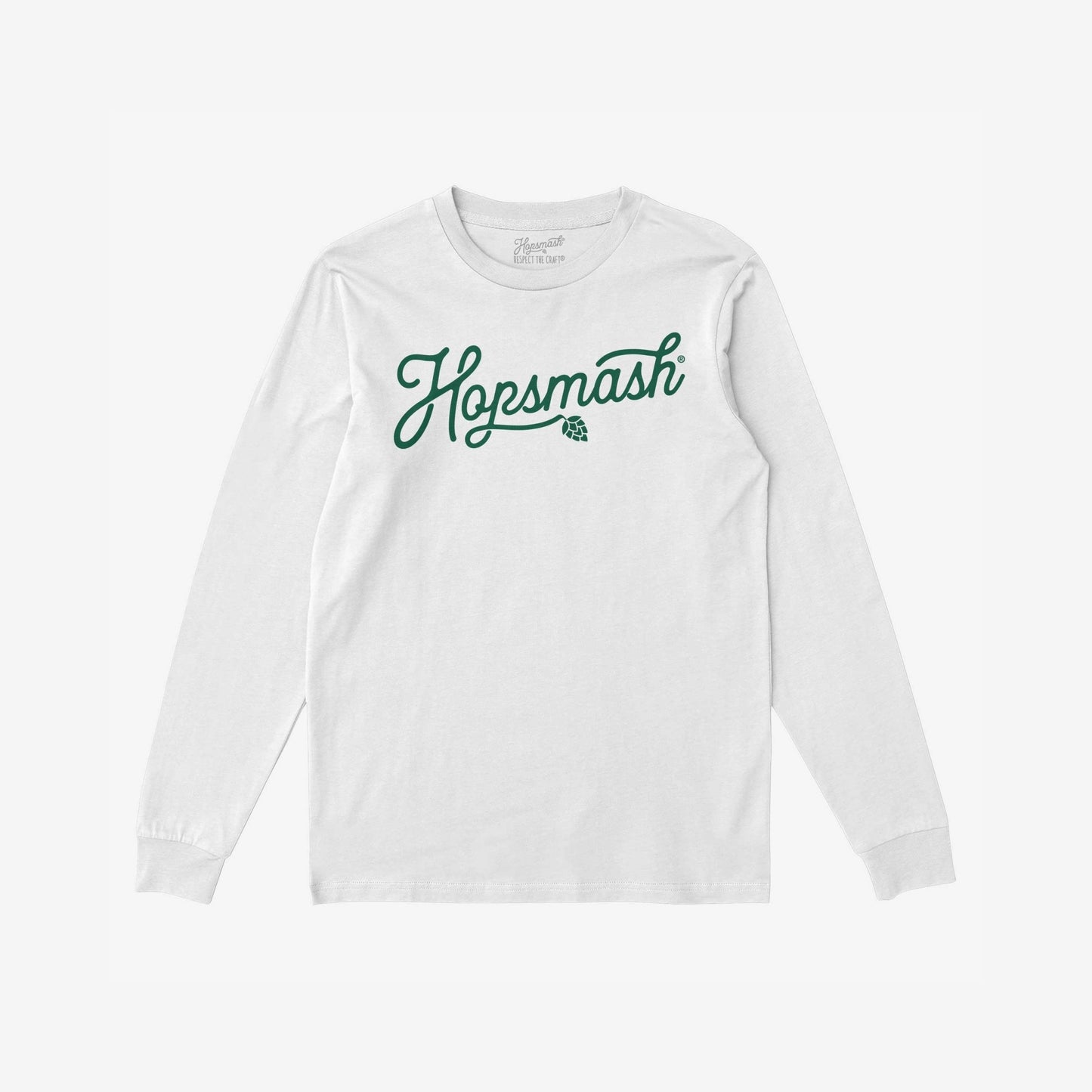 Hopsmash T-shirt features a white long-sleeve with Hopsmash in green script and a hop-cone graphic, embodying bold beer enthusiasm and individuality, perfect for passionate brewery fans.