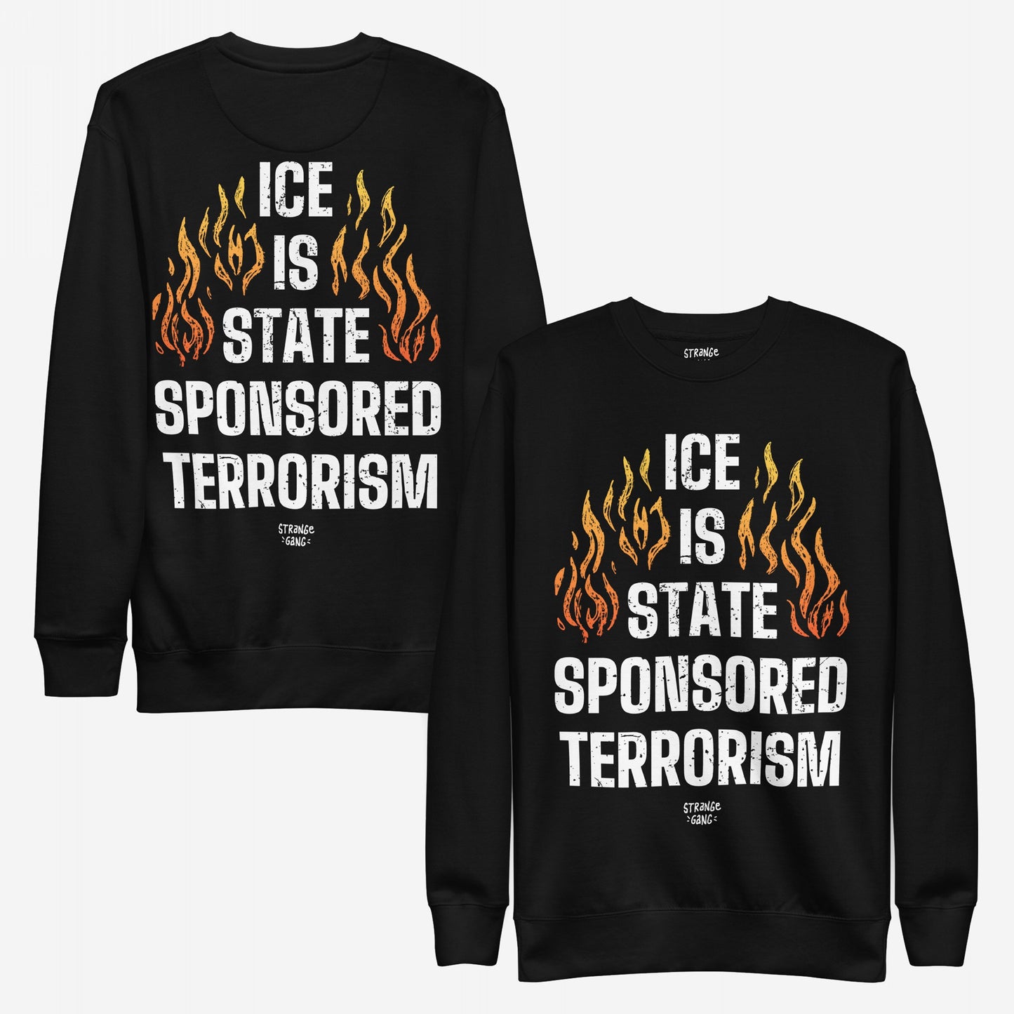 ICE Is State Sponsored Terrorism Hoodie & Sweatshirt featuring bold white distressed text and flame graphics, printed on both sides. A powerful statement piece advocating for immigrant justice and resistance.