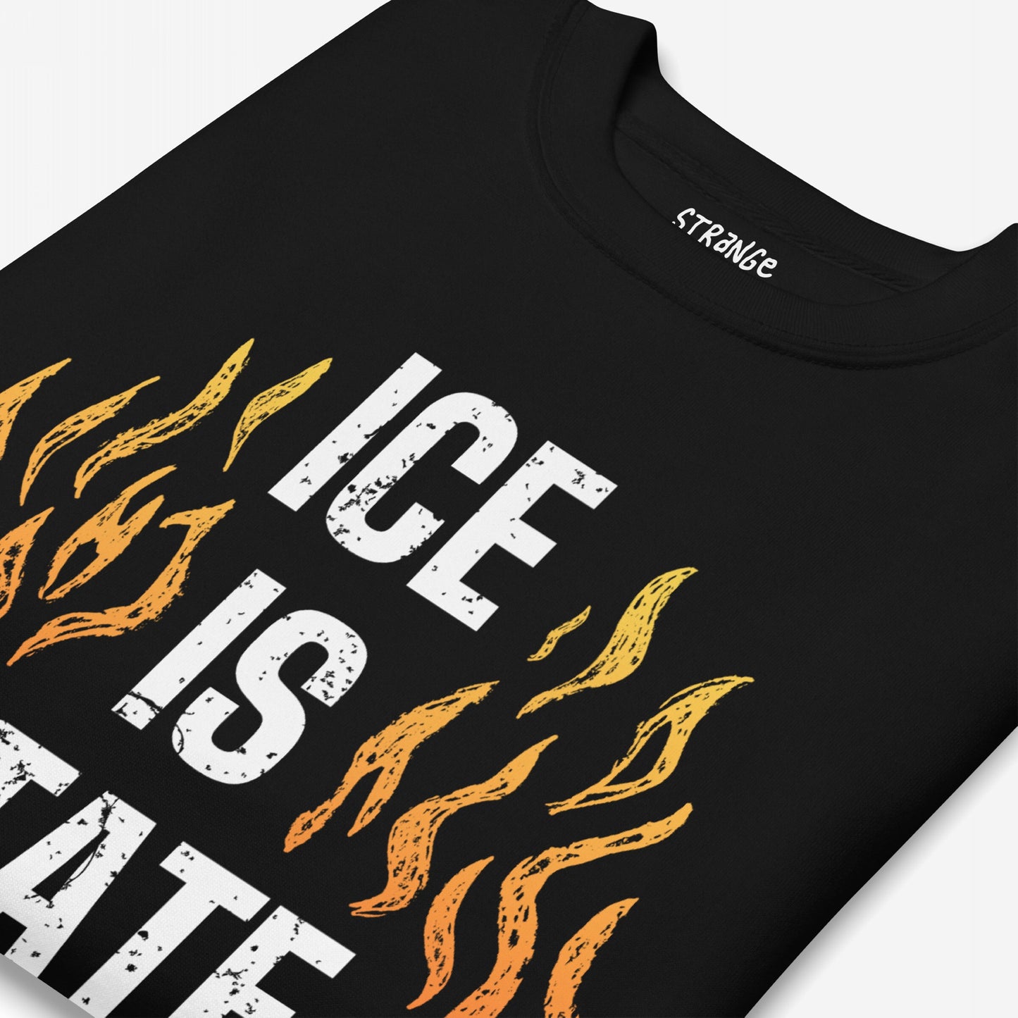Black T-shirt with ICE Is State Sponsored Terrorism slogan in distressed white letters, flanked by orange-yellow flame designs. Neck label reads STRANGE.. Bold statement piece for justice and resistance.