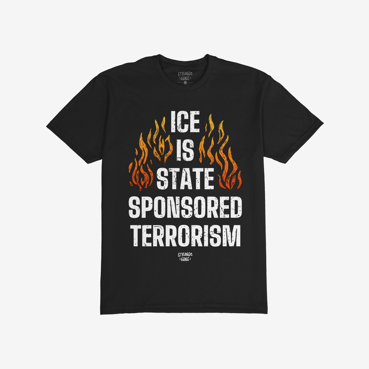 Black T-shirt with bold graphic reading “ICE IS STATE SPONSORED TERRORISM” in distressed white text, flanked by orange-yellow flames, conveying a strong message against cruelty at the border.