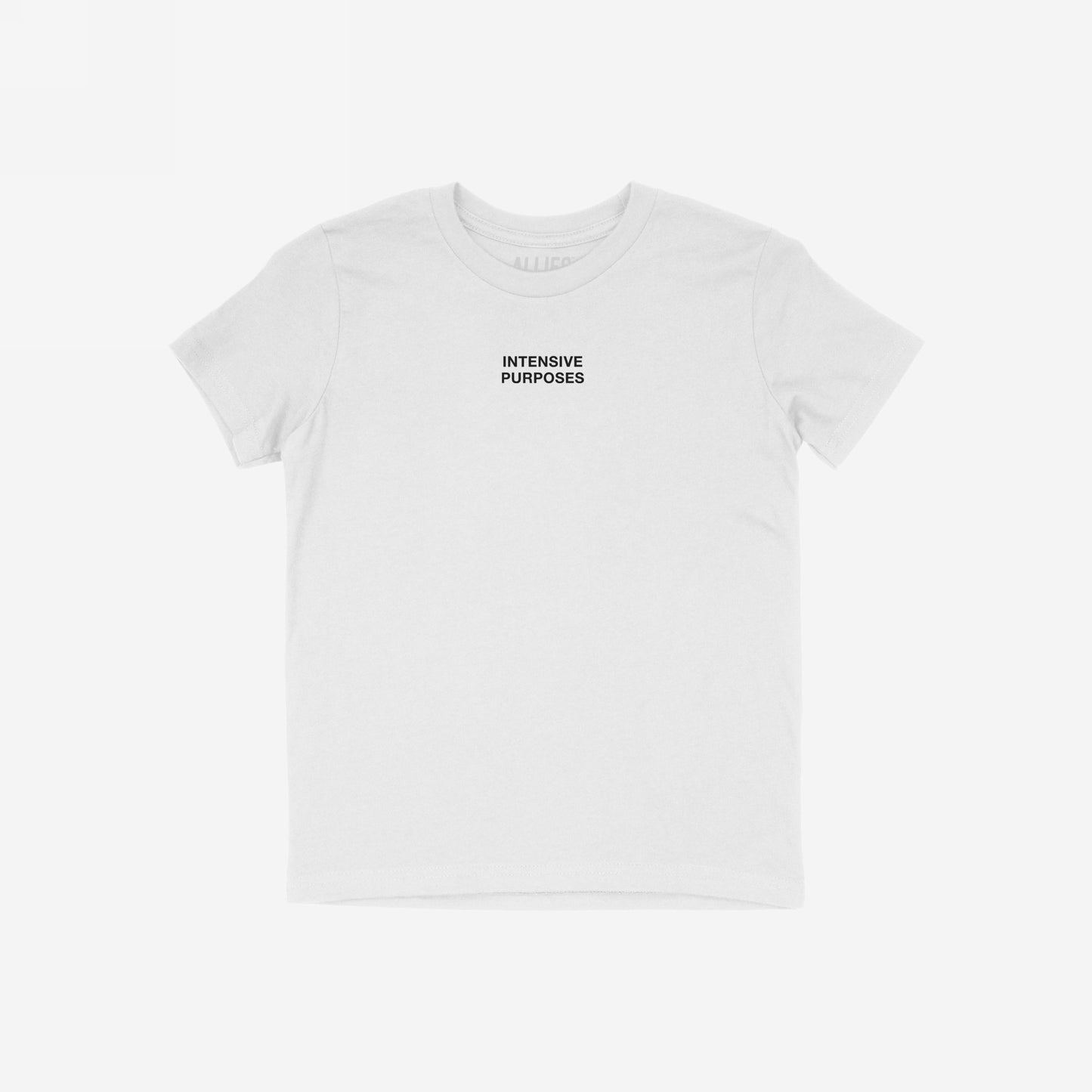 Intensive Purposes T-shirt featuring bold black text on the chest, capturing a playful linguistic twist, perfect for those embracing humor in language mishaps.