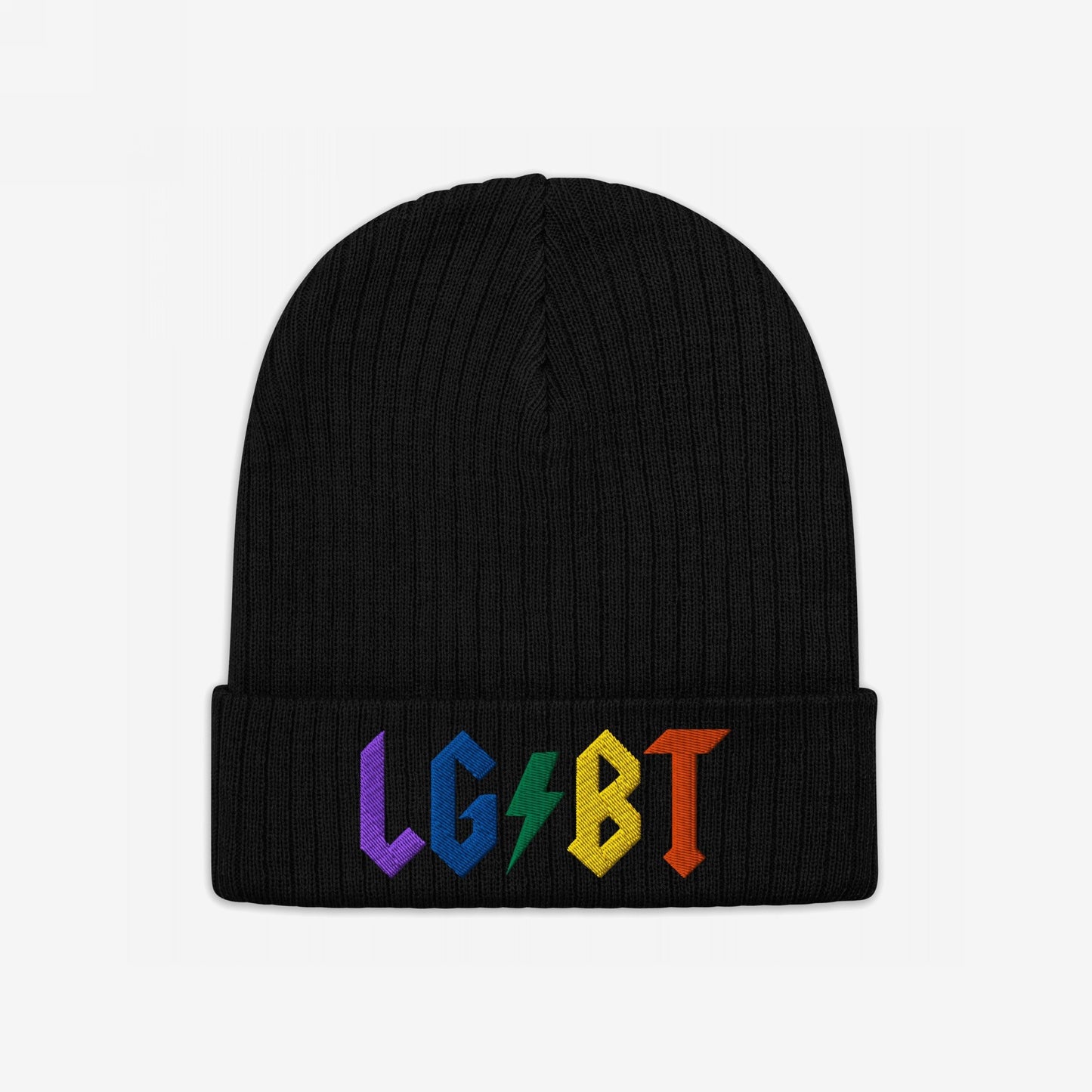 Black beanie with bold rainbow LGBT lightning bolt embroidery, called LGBTQ Rocks Hat, showcasing pride and queer joy.