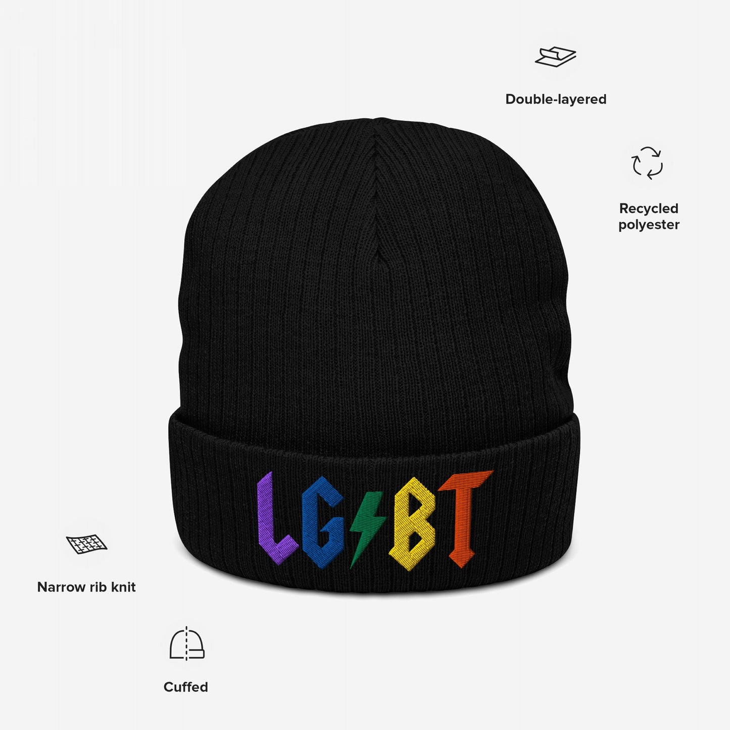 Black beanie with rainbow embroidered letters and lightning bolt, titled LGBTQ Rocks Hat, showcasing pride and metalhead attitude.