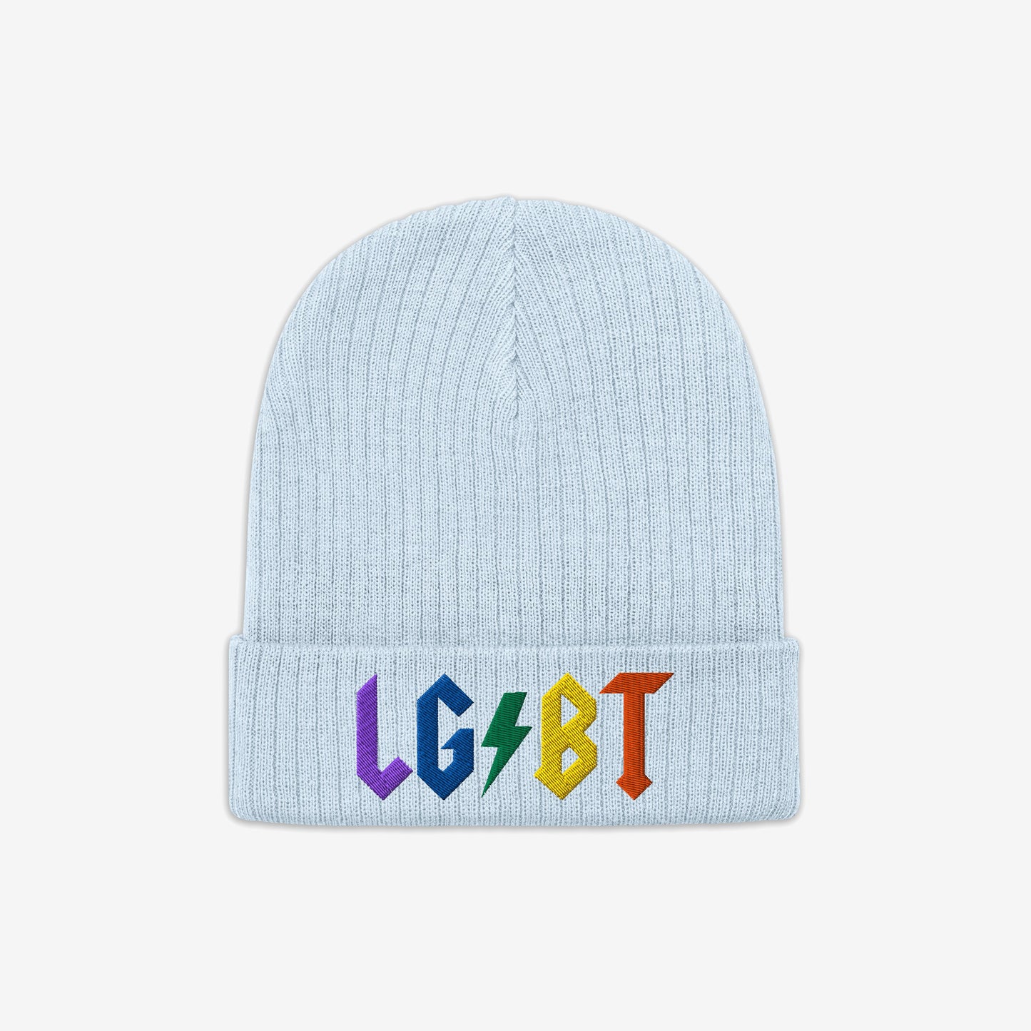 Light-blue ribbed knit beanie with folded cuff, featuring LGBT in rainbow colors and a green lightning bolt for I, celebrating pride and identity. Part of the LGBTQ Rocks Hat collection.