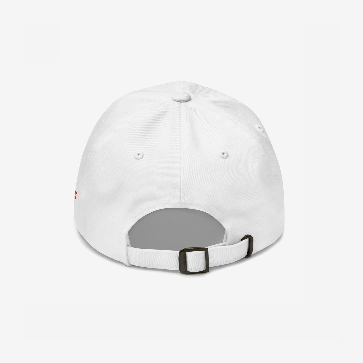 White adjustable strapback hat showing the back view of the LGBTQ Rocks Hat with metal buckle and vent holes.