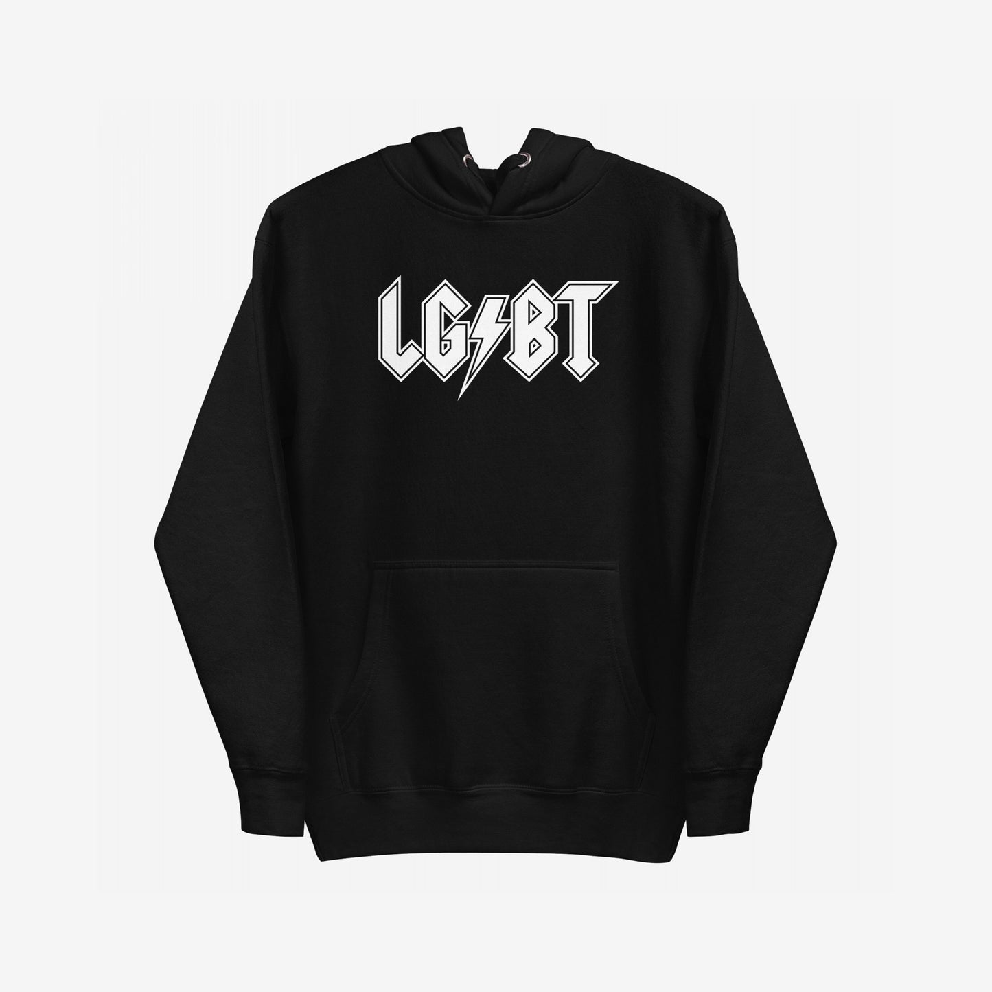 LGBTQ Rocks Hoodie features a black pullover with bold LGBT lettering in a heavy-metal font and a lightning-bolt dash, embodying pride and resilience.