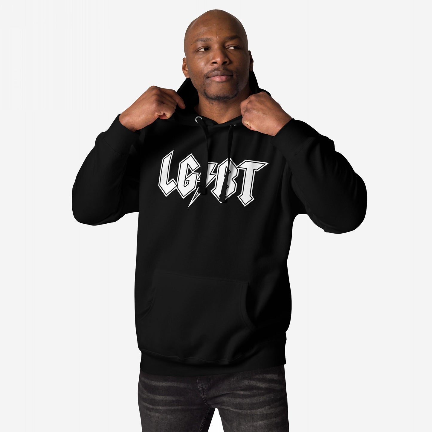Man models the LGBTQ Rocks Hoodie, adjusting its hood. The black pullover features a bold white LGBT graphic with a lightning bolt, symbolizing pride and resilience in classic rock style.