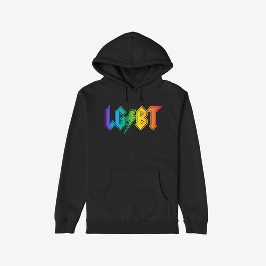 LGBTQ Rocks Hoodie features a black pullover with rainbow gradient LGBT logo, symbolizing pride and resilience. Perfect for expressing identity with energy and confidence.