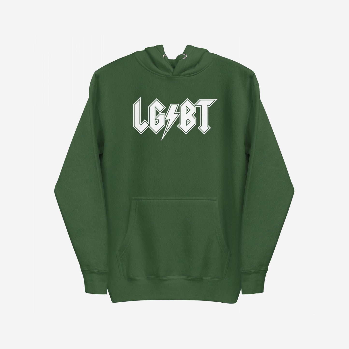 Forest-green LGBTQ Rocks Hoodie featuring bold white lettering with a lightning bolt, symbolizing pride and resilience. Ideal for protests or everyday wear, celebrating LGBTQ+ identity with rock-inspired design.