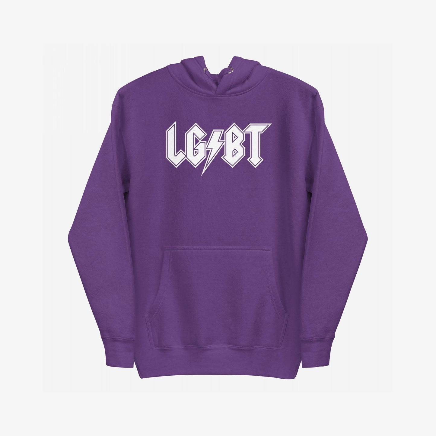 Purple LGBTQ Rocks Hoodie featuring a kangaroo pocket and bold “LG / BT” graphic with a lightning-bolt slash, embodying pride and solidarity with a rock-inspired design.