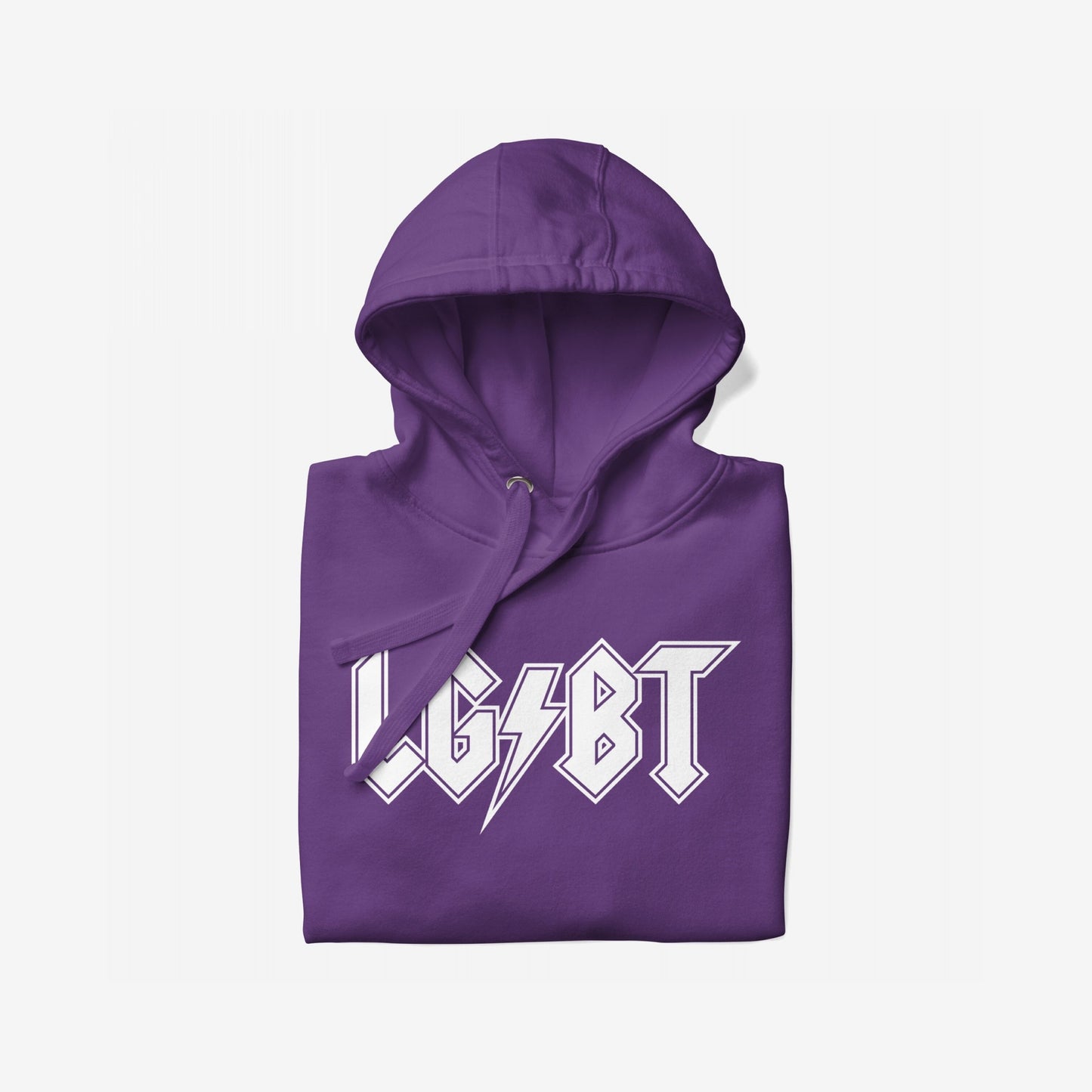 LGBTQ Rocks Hoodie featuring LGBT in bold, angular white lettering with a lightning motif, folded to reveal its pullover style with hood and drawstrings, embodying pride and resilience.