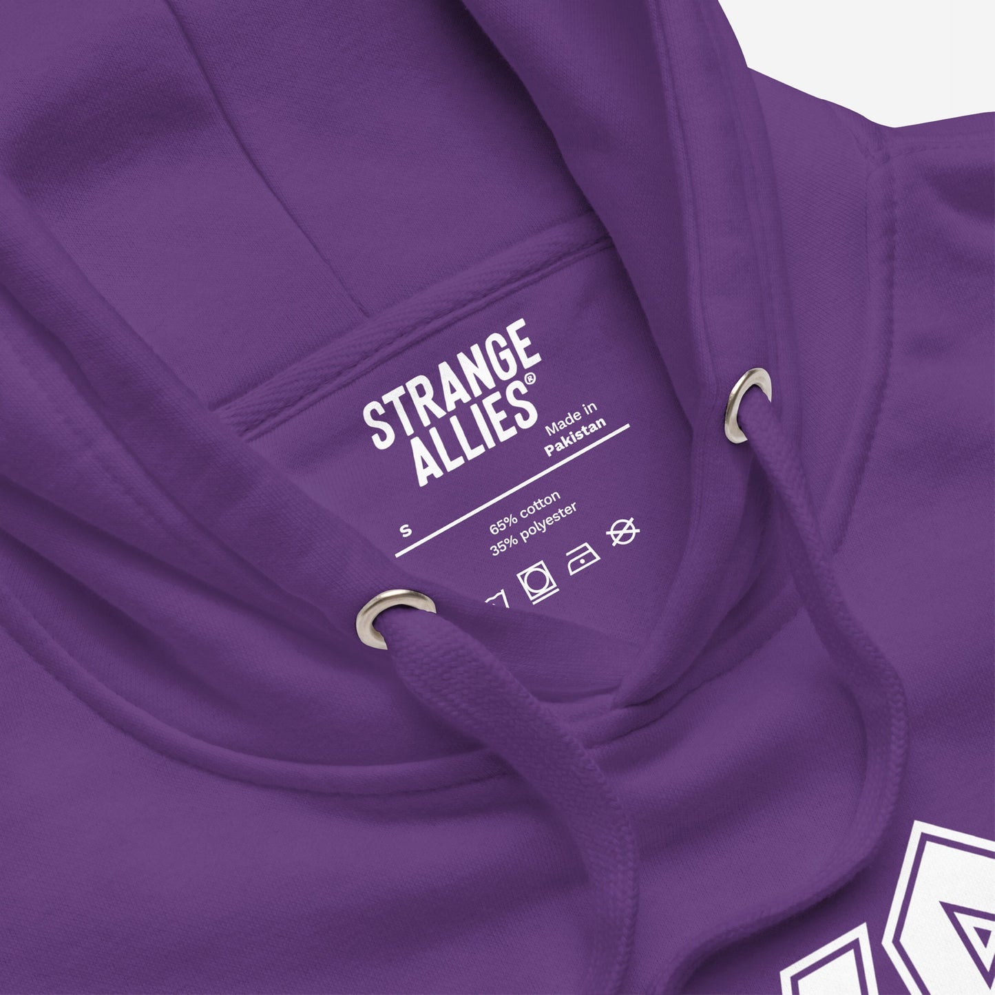 LGBTQ Rocks Hoodie & Sweatshirt close-up showing STRANGE ALLIES label, metal eyelets, and drawcord, reflecting pride and resilience with a bold statement piece. Made from 65% cotton, 35% polyester.