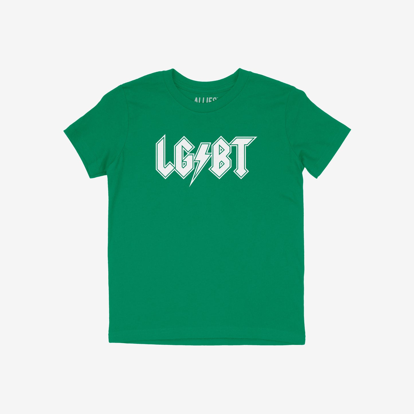 LGBTQ Rocks Shirt: A bold green T-shirt with LG BT in white, featuring a lightning bolt as the dash, echoing classic rock logos. Proceeds support The Trevor Project.
