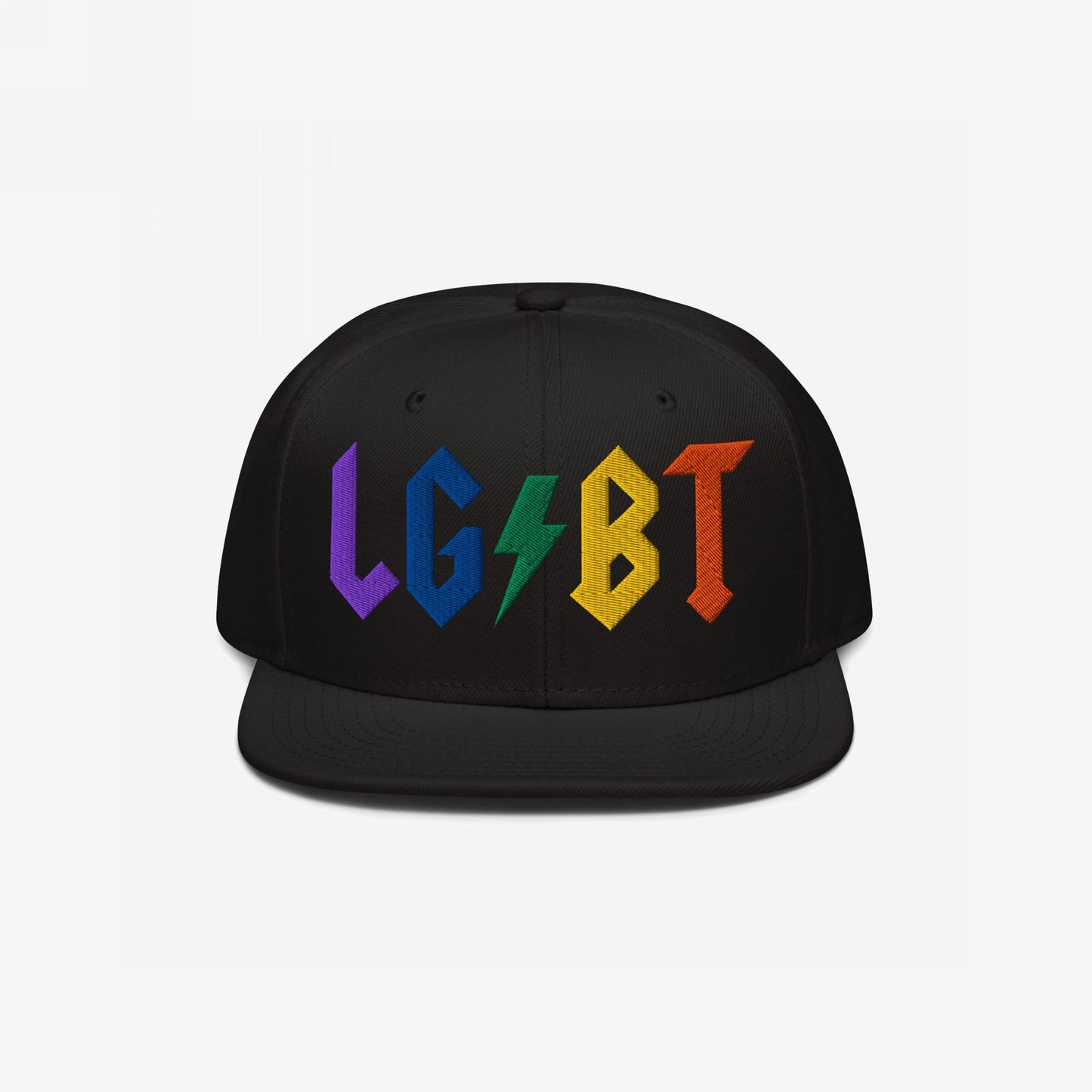 Black snapback hat with bold rainbow embroidery spelling LGBT with a lightning bolt, titled LGBTQ Rocks Hat.