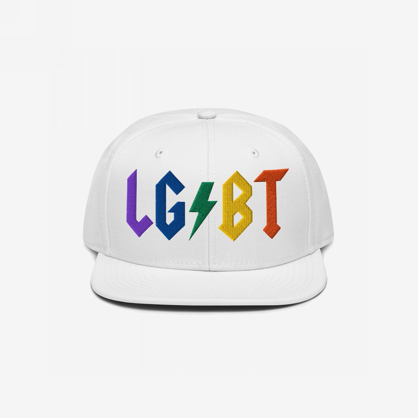 White hat with rainbow embroidered "LGBT" and lightning bolt design, featuring Pride power and style, titled LGBTQ Rocks Hat.