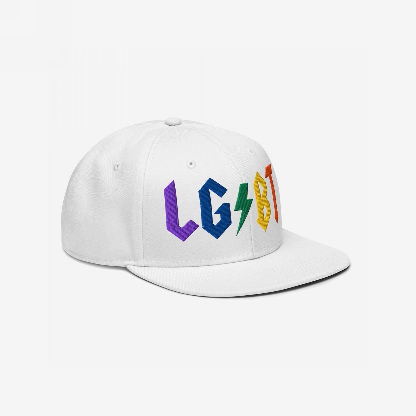 White LGBTQ Rocks Hat with rainbow embroidery and lightning bolt design, celebrating pride and queer joy with bold metalhead style.