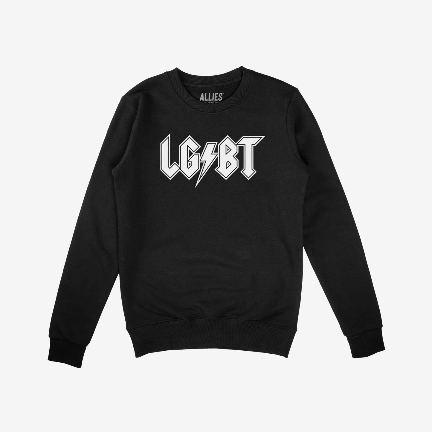 LGBTQ Rocks Hoodie & Sweatshirt featuring bold LGBT text with a lightning-bolt graphic, embodying rock-band style and pride. The neck label reads STRANGE, signaling the brand.