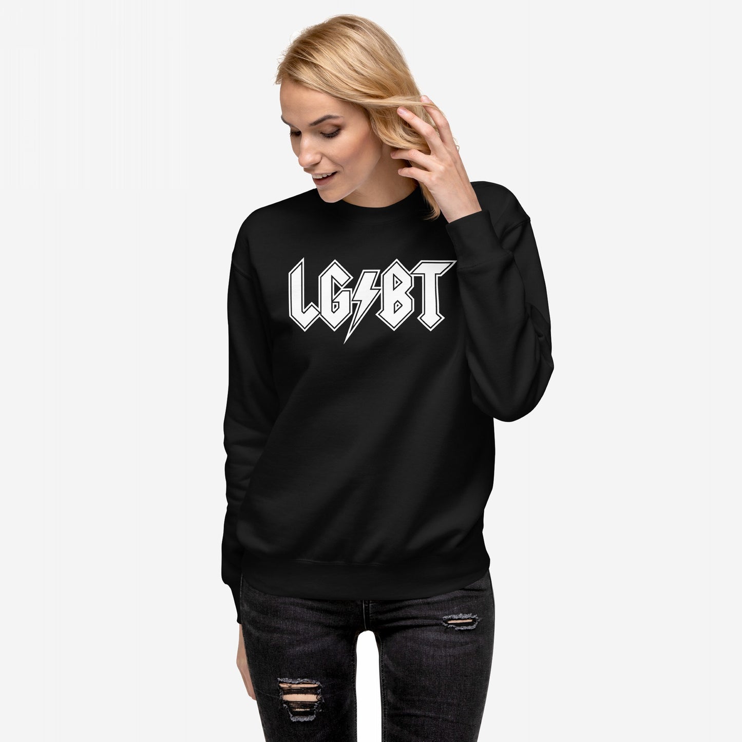 Woman wearing the LGBTQ Rocks Hoodie & Sweatshirt, featuring L G ⚡ B T in bold rock-style font, paired with distressed jeans, embodying pride and resilience.