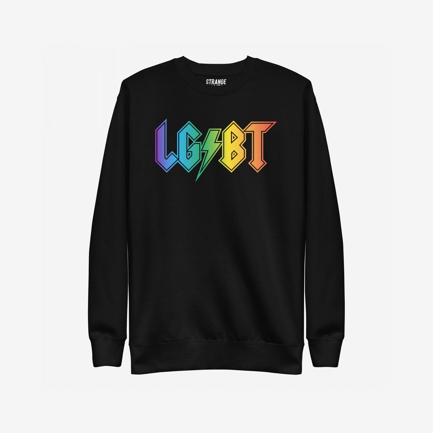 LGBTQ Rocks Hoodie & Sweatshirt featuring a black crewneck with LGBT in rainbow colors and a lightning bolt G, representing pride and resilience.
