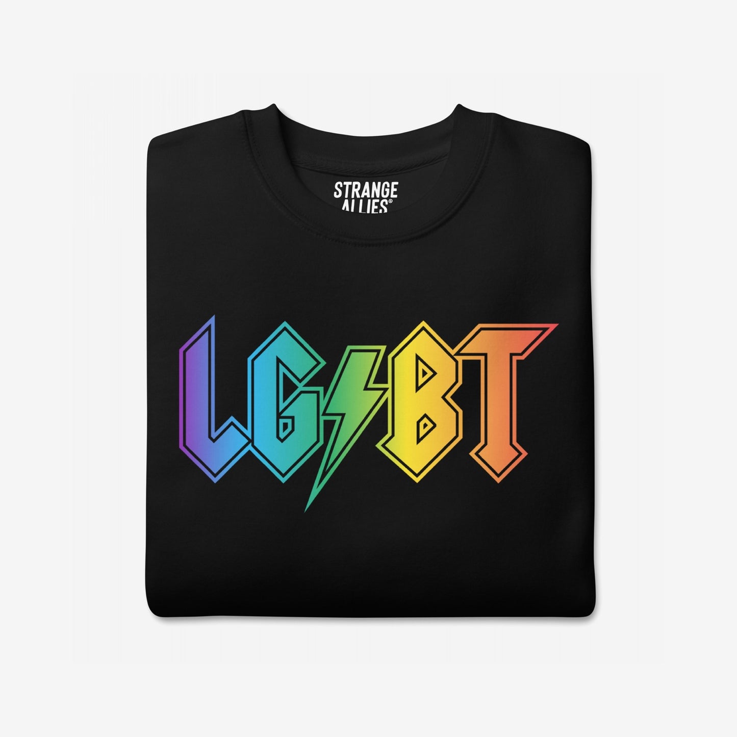 The LGBTQ Rocks Hoodie & Sweatshirt features a folded black T-shirt with a bold, rainbow-gradient LGBT graphic in a rock-band style, embodying pride and resilience.