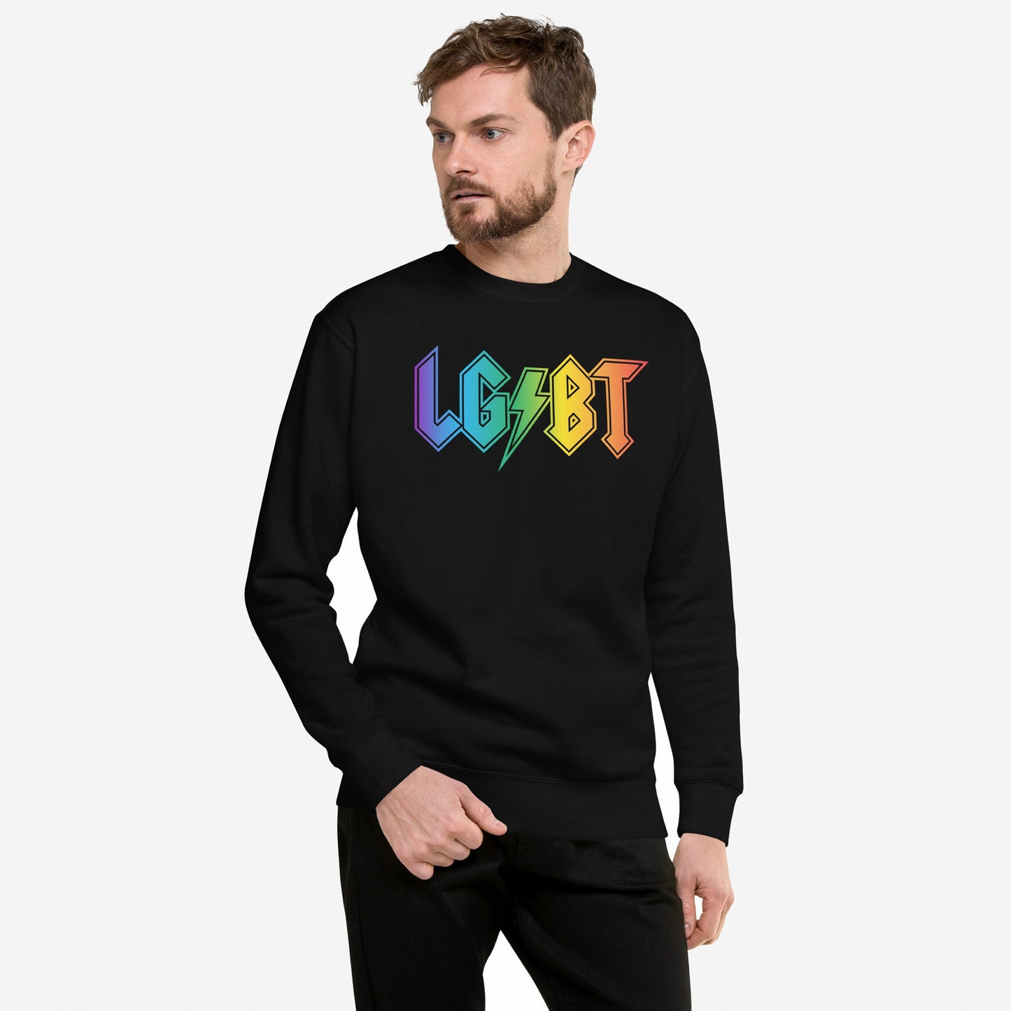 LGBTQ Rocks Hoodie & Sweatshirt featuring LGBT in bold, rainbow rock-band font. Worn by a casually dressed man, embodying pride and solidarity.