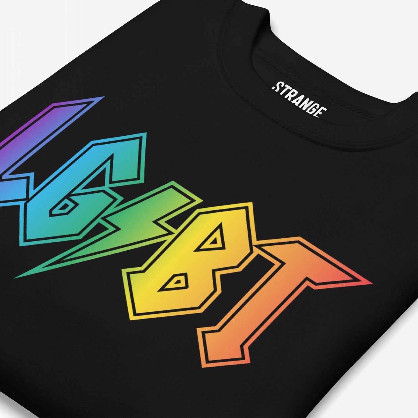 LGBTQ Rocks Hoodie & Sweatshirt features a bold, angular rainbow-gradient graphic spelling VGAT across the front, embodying pride and resilience. The collar shows the brand name STRANGE.