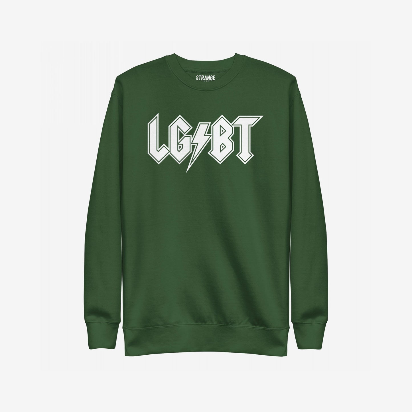 LGBTQ Rocks Hoodie & Sweatshirt features a bold, rock-band style L G ⚡ B T print on a green crewneck, embodying pride and resilience with electric energy and solidarity.