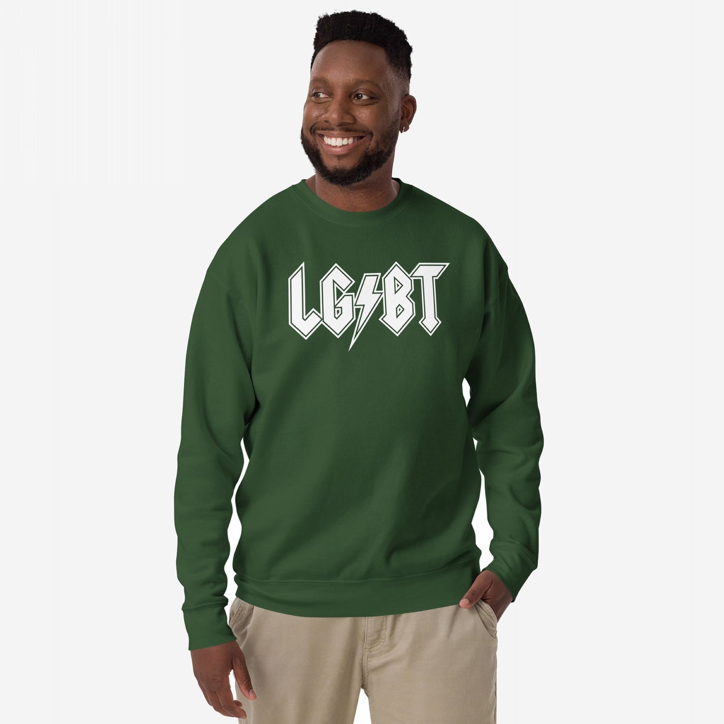 A man models the LGBTQ Rocks Crewneck Sweatshirt, featuring L G ⚡ B T in bold font. This forest-green fleece embodies pride and resilience, aligning with themes of solidarity and empowerment.