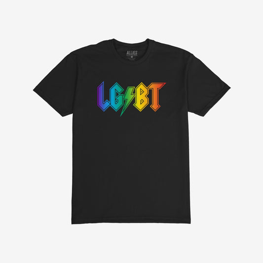 Black crew-neck LGBTQ Rocks Shirt featuring a rainbow gradient logo with a lightning bolt on chest. Supports The Trevor Project. Brand ALLIES. visible inside collar.