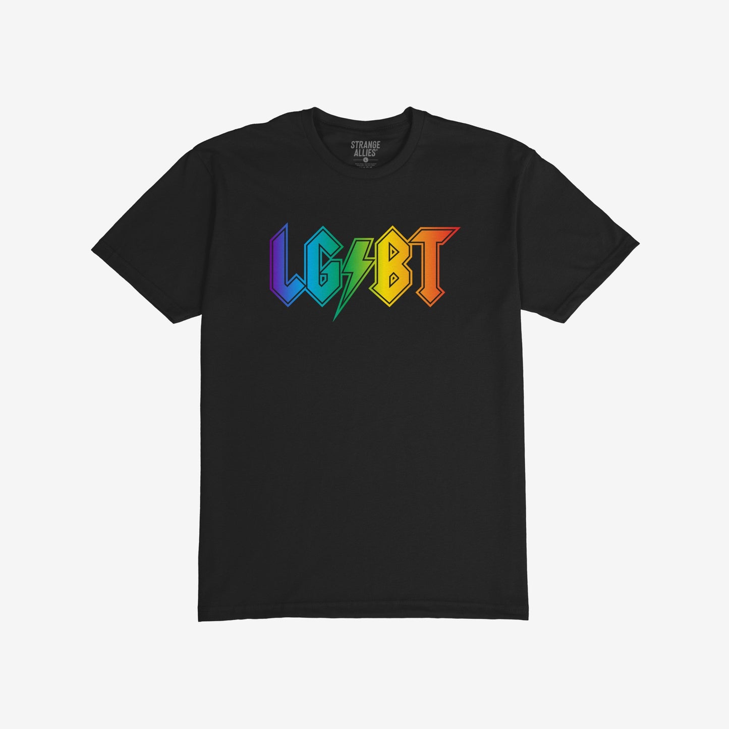 LGBTQ Rocks T-shirt features a black design with LGBT in rainbow-filled rock-style letters and a green lightning bolt, embodying pride and resistance. Perfect for expressing bold LGBTQ+ visibility and solidarity.