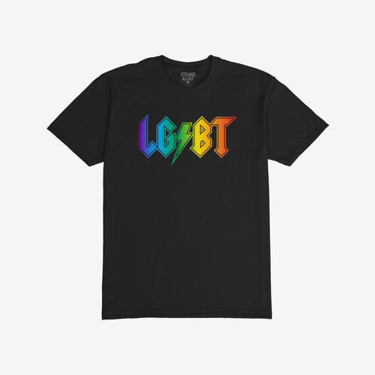 LGBTQ Rocks T-shirt features a black design with LGBT in rainbow-filled rock-style letters and a green lightning bolt, embodying pride and resistance. Perfect for expressing bold LGBTQ+ visibility and solidarity.