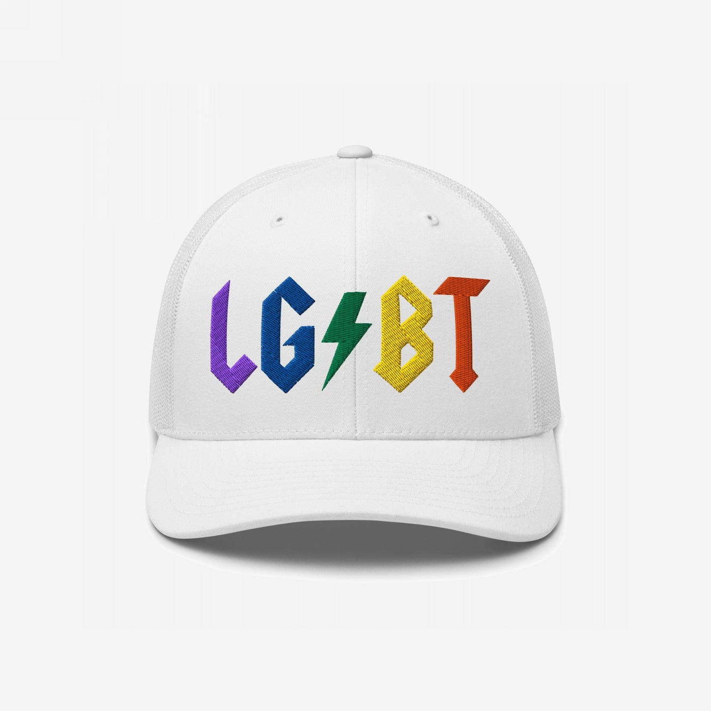 White hat with rainbow embroidered letters and a lightning bolt design, titled LGBTQ Rocks Hat, celebrating queer pride and power.