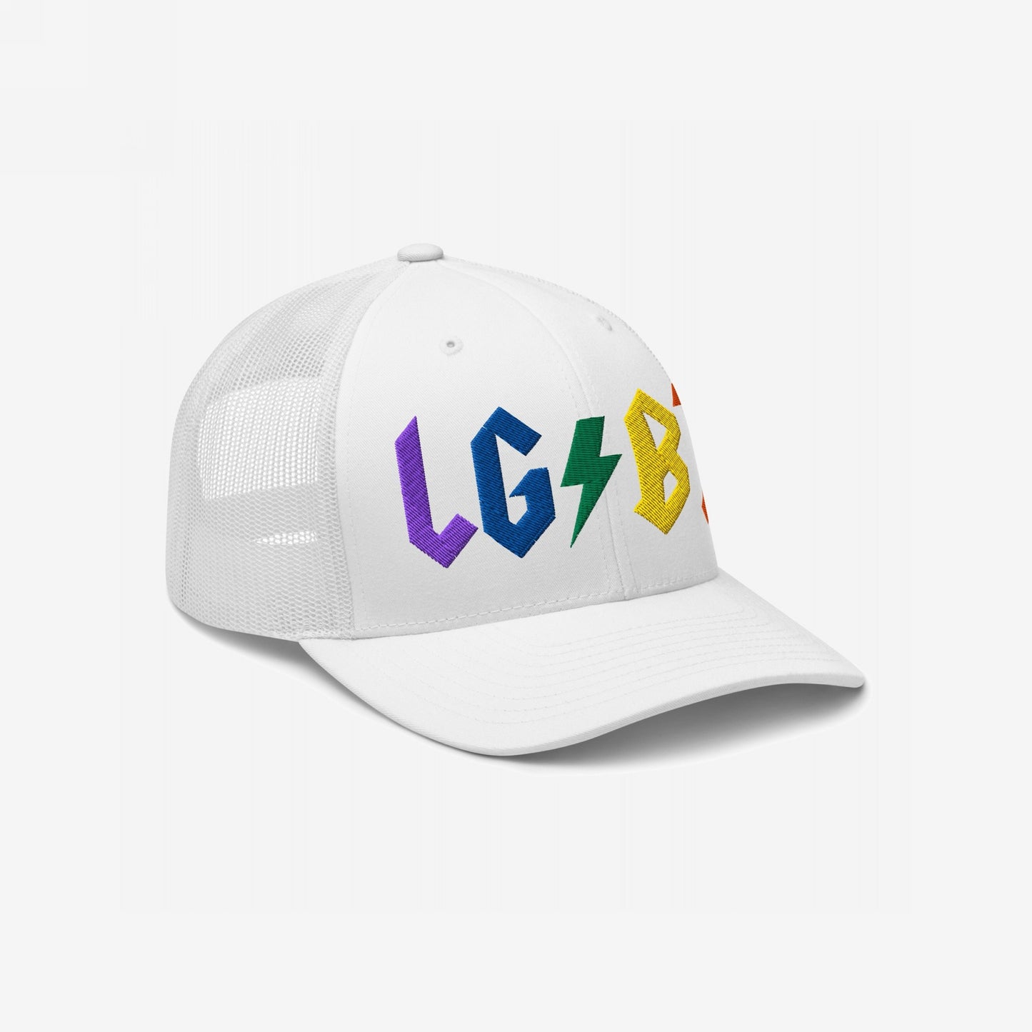 White mesh trucker hat with bold rainbow "LGBT" and lightning bolt embroidery, titled LGBTQ Rocks Hat.