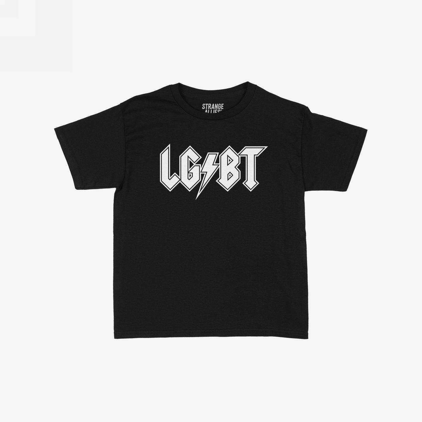 Black crew-neck T-shirt featuring the LGBTQ Rocks design with a bold white heavy-metal style logo, including a lightning bolt. Brand name “STRANGE ALLIES” visible inside the collar.