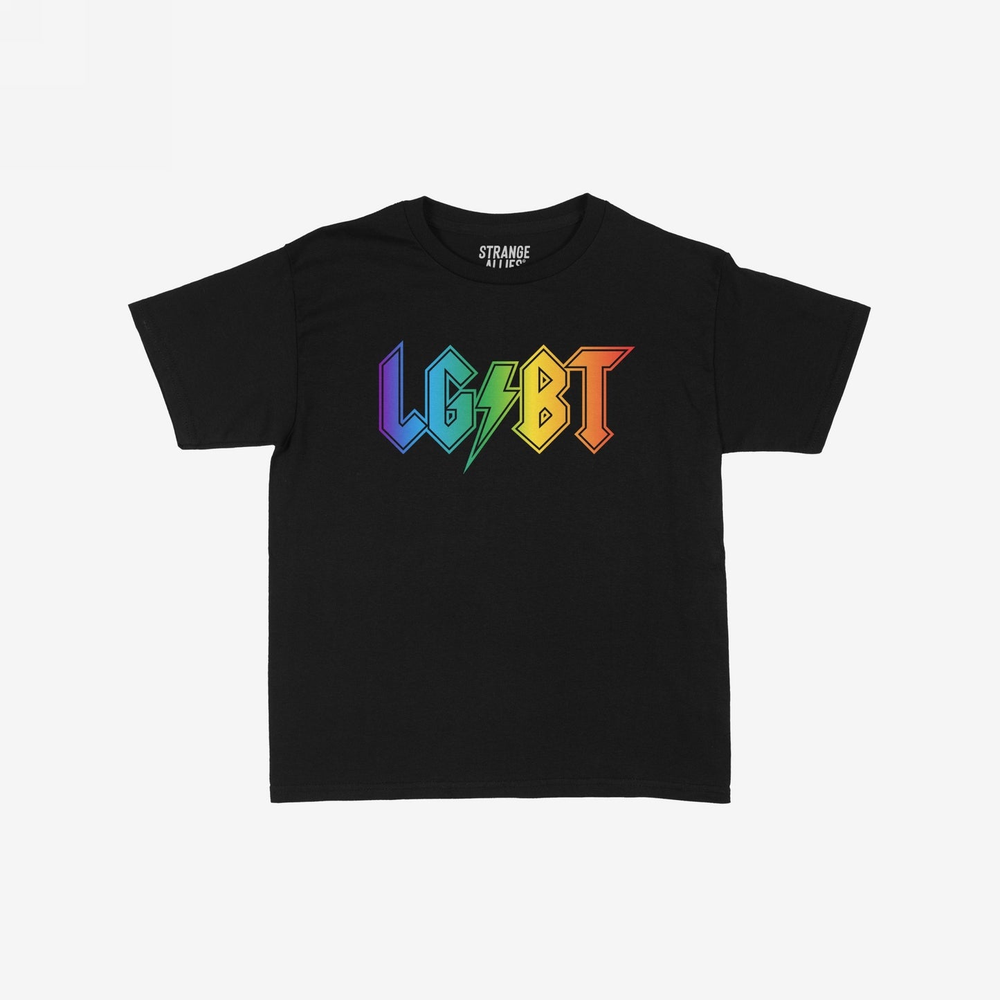 LGBTQ Rocks T-shirt featuring a bold, rainbow-gradient LGBT wordmark in a rock-band style on a black short-sleeved tee, embodying pride and resistance, by STRANGE ALLIES.