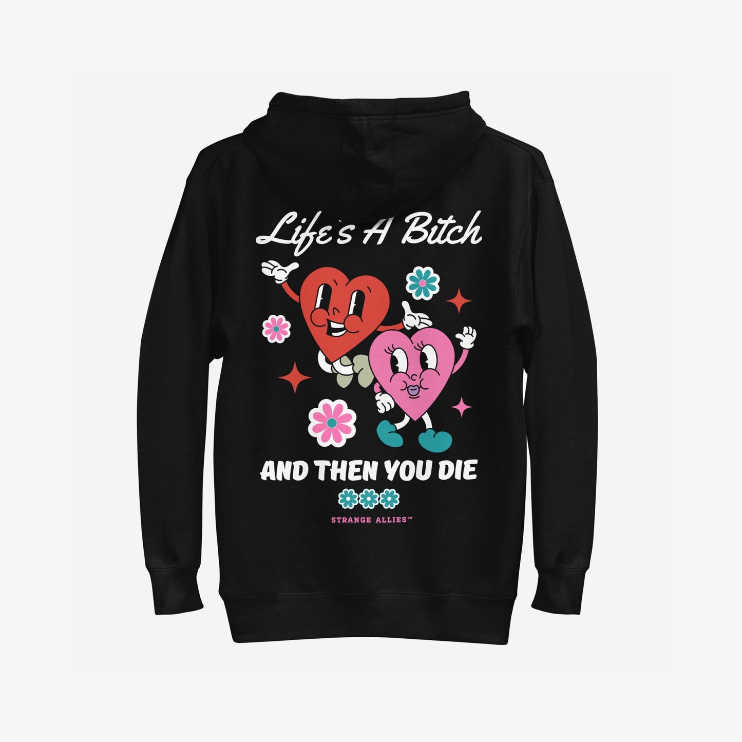 Life's A Bitch Hoodie & Sweatshirt features retro-cartoon anthropomorphic hearts with playful motifs and bold text, embracing a candid, rebellious spirit. Ideal for those challenging life's illusions with comfort and style.