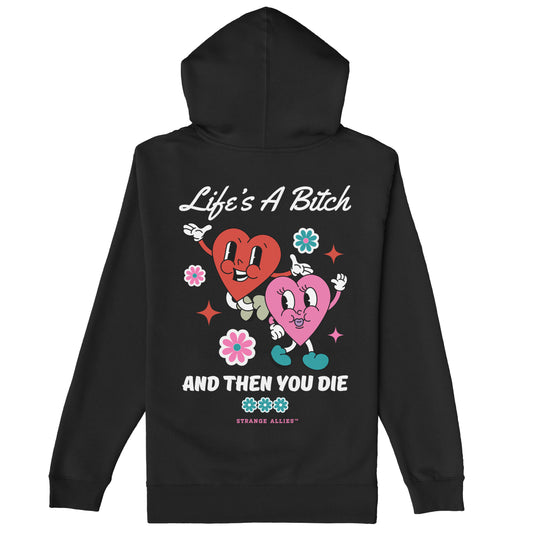 Life's A Bitch Hoodie & Sweatshirt features retro-cartoon anthropomorphic hearts with playful motifs and bold text, embracing a candid, rebellious spirit. Ideal for those challenging life's illusions with comfort and style.