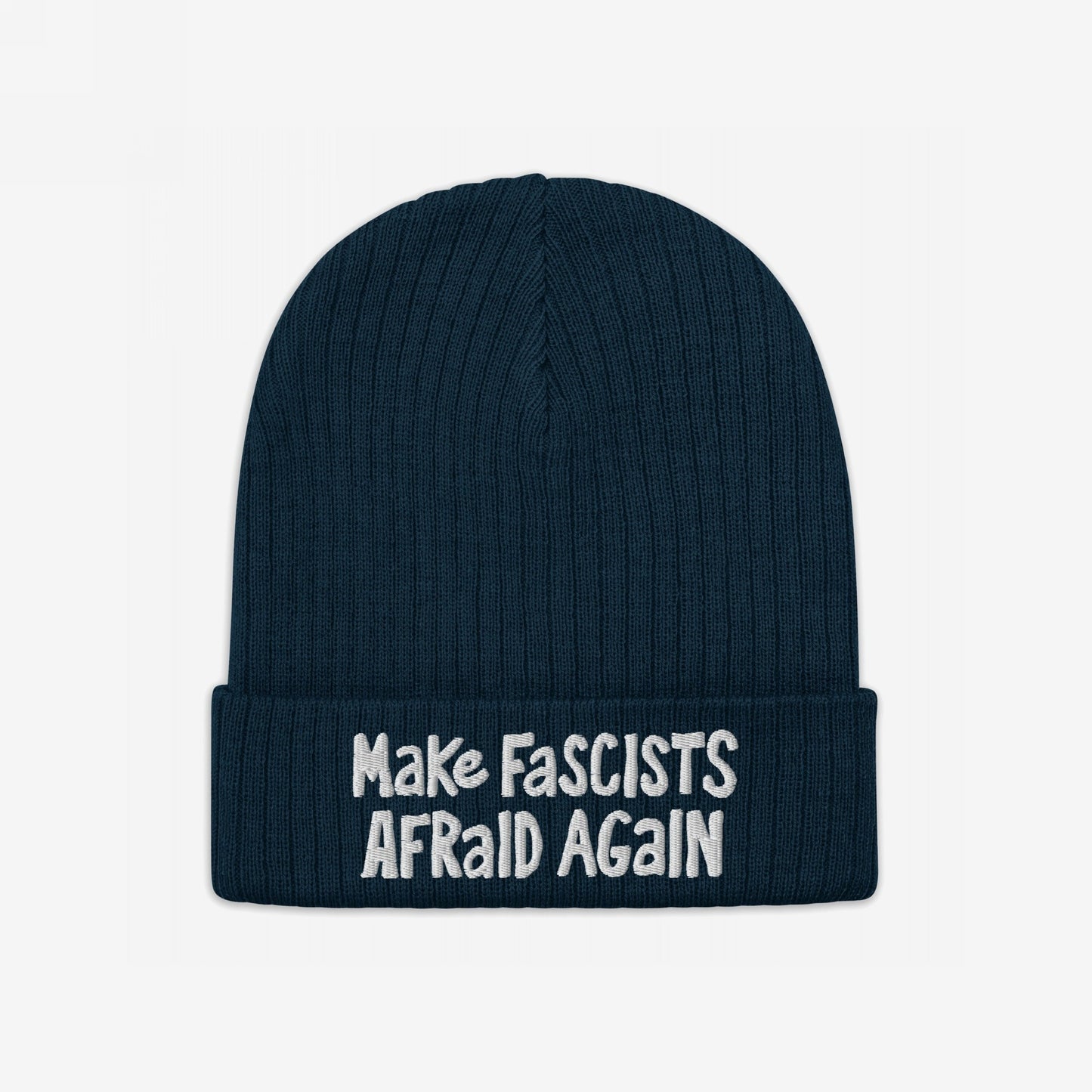 Dark navy-blue knitted beanie with “Make Fascists Afraid Again” embroidered in white on the cuff, conveying bold resistance.