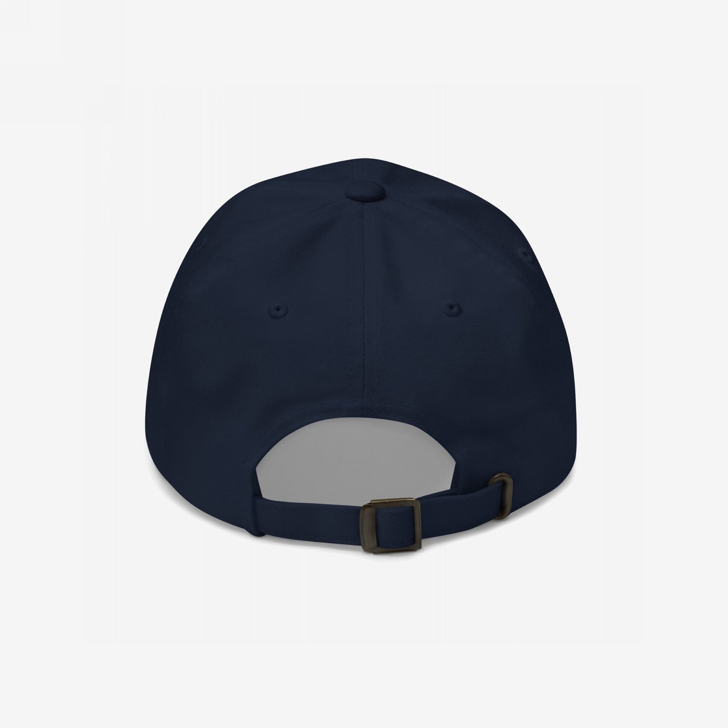 Back view of the Make Fascists Afraid Again Hat, a navy-blue baseball cap, featuring an adjustable strap with metal buckle and ventilation eyelets, embodying bold resistance with its unapologetic message.