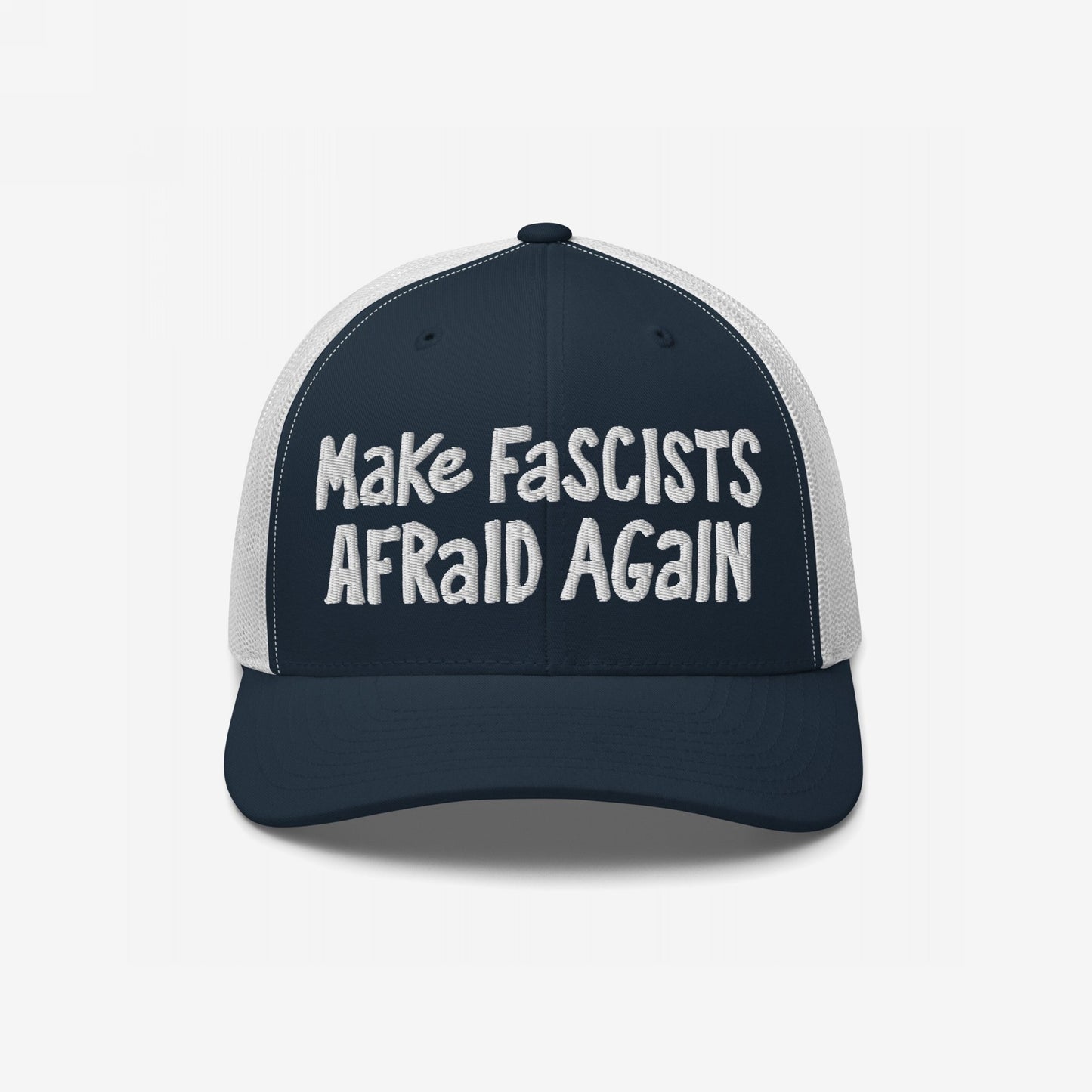 Navy-blue and white mesh Make Fascists Afraid Again trucker cap with bold, hand-drawn style embroidery, embodying unapologetic resistance. Ideal for activism or everyday wear, supporting Amnesty International.