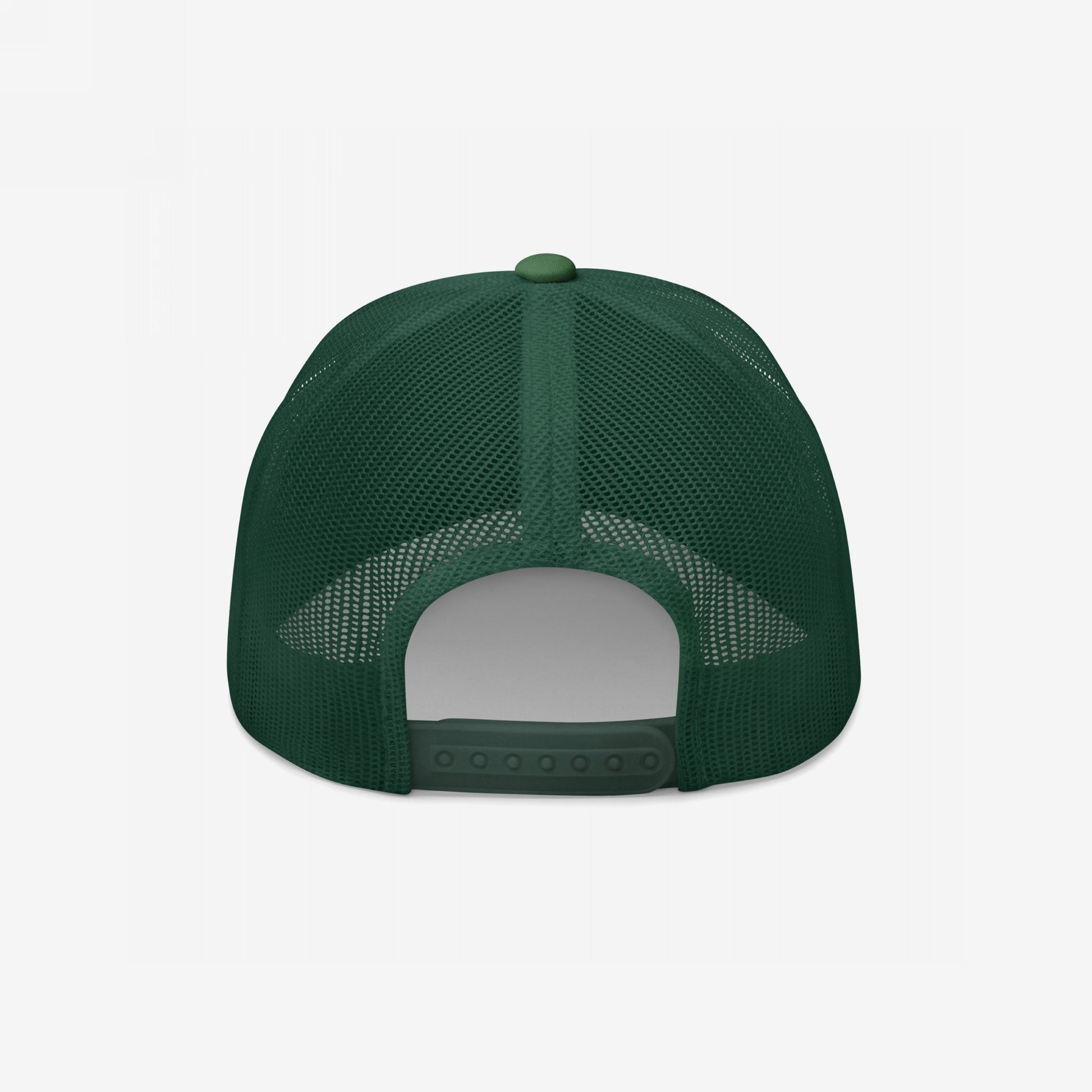 Back view of the Mexicans Aren’t Going Anywhere Hat, a dark-green mesh trucker cap with adjustable snap-closure, symbolizing pride and resistance against racism and anti-immigrant hate.