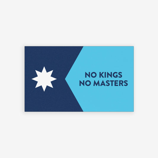 Minnesota Flag No Kings Sticker & Magnet features a star and bold text over a cityscape, promoting resistance and pride. Available as a sticker or magnet, supporting Minnesotan voices against oppression.