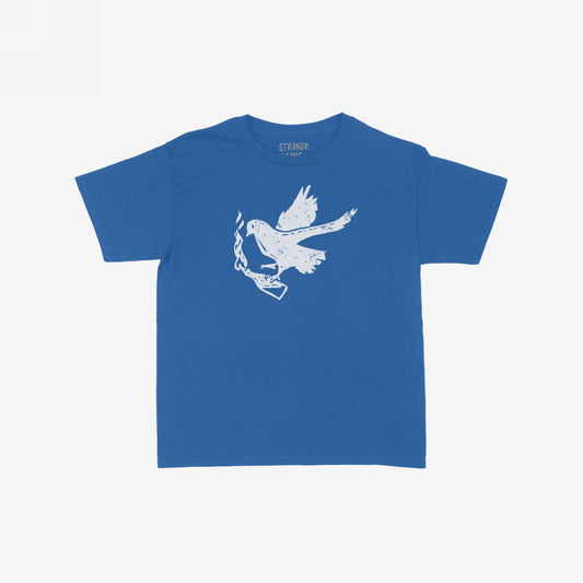 Molotov Messenger Women's Baby Tee featuring a distressed dove clutching a smoking pistol graphic, symbolizing defiance and protest. Laid flat, the tee reflects a blend of punk art and radical expression.