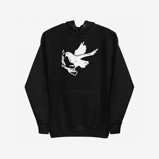 Molotov Messenger Hoodie featuring a hand-drawn dove with a flaming Molotov cocktail, symbolizing power and protest. Ideal for standing out and expressing principled rebellion.