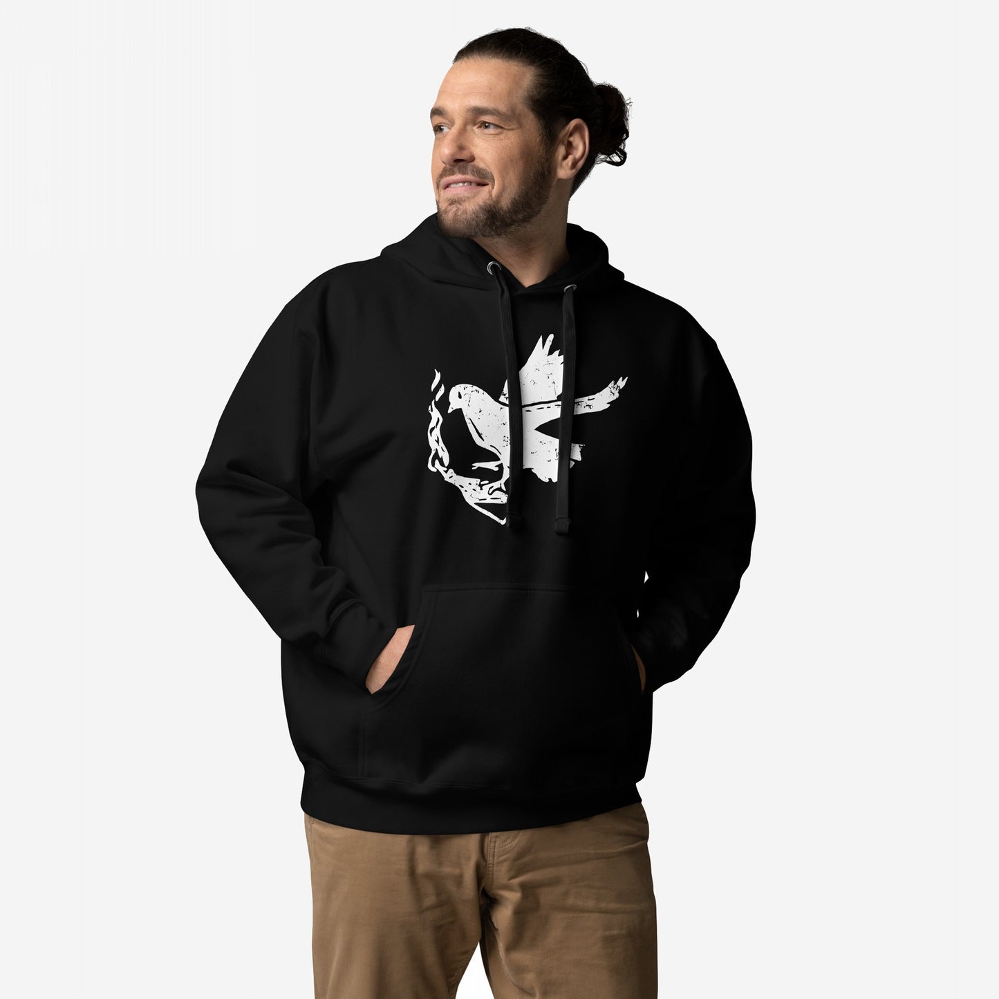 Molotov Messenger Hoodie featuring a striking distressed-style dove with a Molotov cocktail graphic, symbolizing peace and power. The casually dressed man showcases its bold design, embodying subversive spirit and activism.