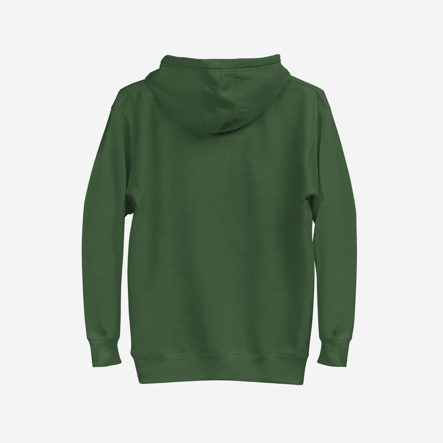 Back view of the plain, dark-green Molotov Messenger Hoodie with a hood and ribbed cuffs, exemplifying rebellious, protest-inspired fashion without visible logos, embodying subversive peace and power themes.
