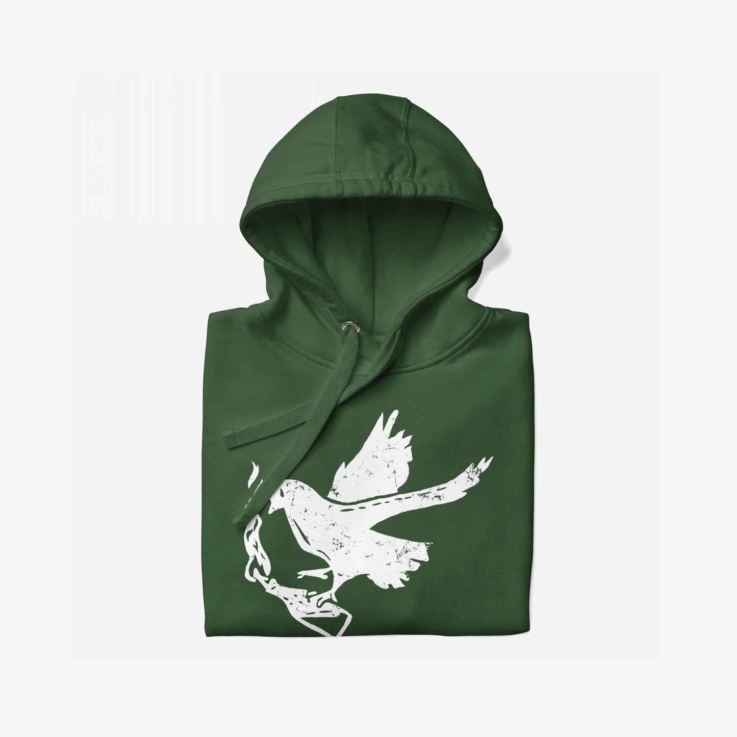 Molotov Messenger Hoodie & Sweatshirt features a dark-green hoodie with a white distressed bird silhouette, holding a Molotov cocktail, symbolizing peace and power. Perfect for making a statement.