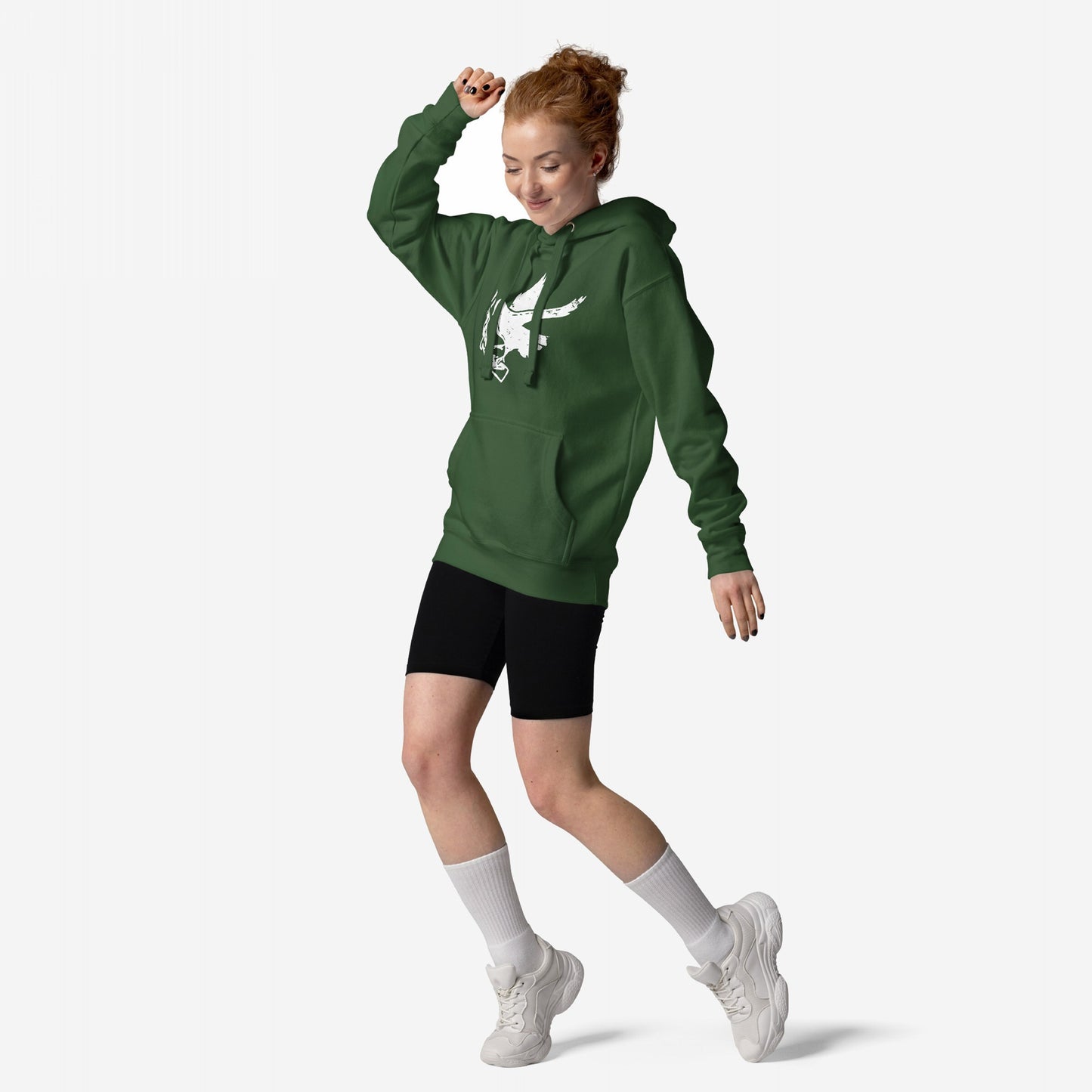 Young woman in mid-step wearing the Molotov Messenger Hoodie, featuring a white dove with a Molotov cocktail graphic, paired with black shorts and white sneakers, embodying a bold, symbolic style.