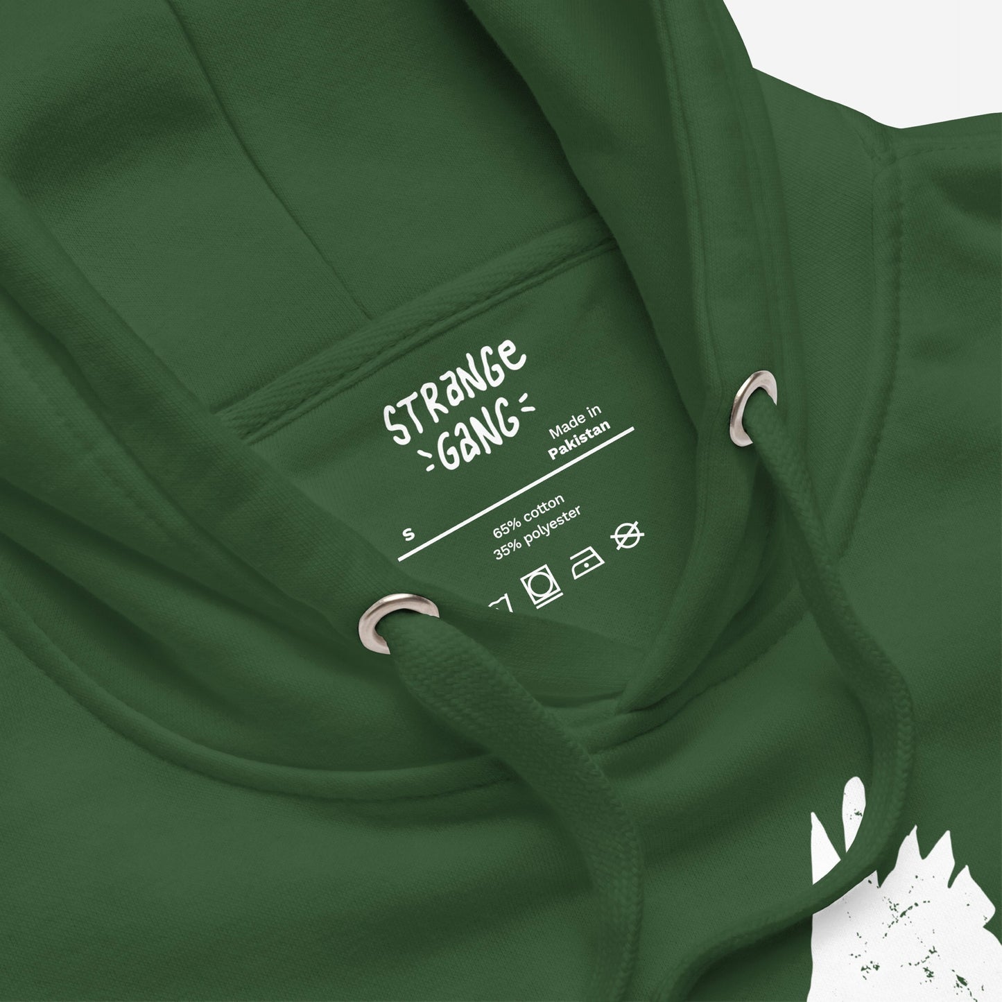 Molotov Messenger Hoodie close-up featuring brand, size, and care details inside the neck. Visible drawstring eyelets and part of the dove and Molotov graphic reflect its rebellious, symbolic design.